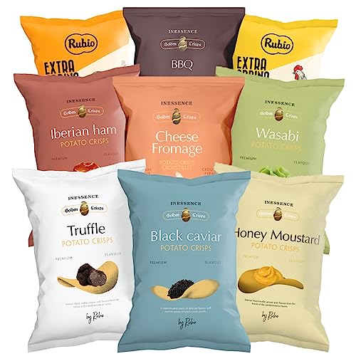 Rubio Chips, Mix Box, 9 verschiedene Sorten, Probierset, Großpackung, Spanische Kartoffelchips, Chipstüten, Snack, Glutenfrei von Rubio