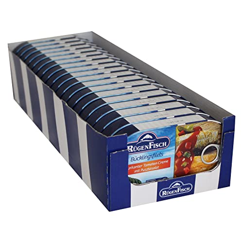 19er Pack Rügen Fisch Bücklingsfilets in pikanter Tomatencreme mit Pusztasalat (19 x 200 g) von Rügen Fisch