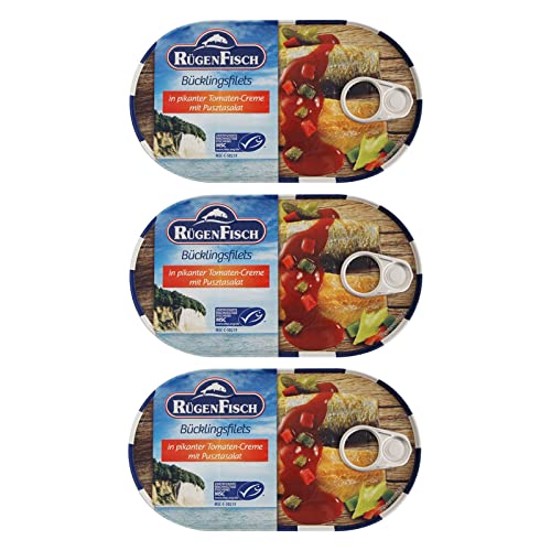 3er Pack Rügen Fisch Bücklingsfilets in pikanter Tomatencreme mit Pusztasalat (3 x 200 g) von Rügen Fisch