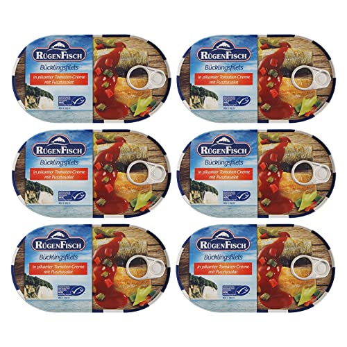 6er Pack Rügen Fisch Bücklingsfilets in pikanter Tomatencreme mit Pusztasalat (6 x 200 g) von Rügen Fisch