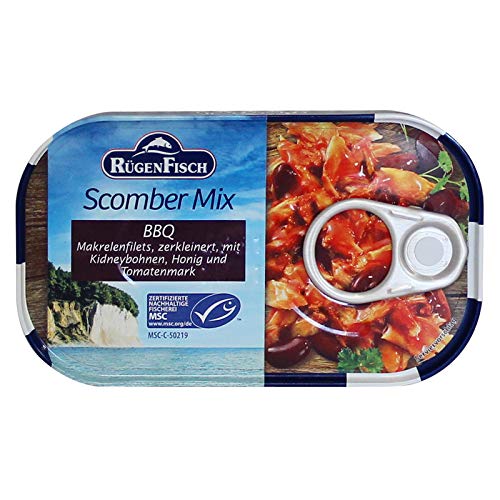 RügenFisch Scomber Mix BBQ 120 g Fischbüchse Dosenfisch Makrelenfilet Barbecue von Rügen Fisch