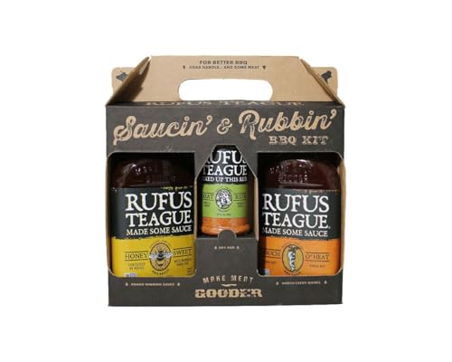 RUFUS TEAGUE Geschenkset "Saucin' & Rubbin'" mit Honey Sweet und Touch O' Heat BBQ Sauce (jeweils 432 g) inkl. Fleisch-Rub (184 g), glutenfrei und ohne Gentechnik von Rufus Teague