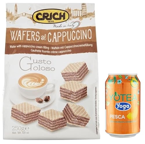 Rummo 10er-Pack Crich Wafers con Crema al Cappuccino,Waffeln mit Cappuccinocreme,Süße Snack Kekse 250g Beutel + 1er-Pack Kostenlos Yoga Eistee Pfirsich 330ml Dose von Rummo