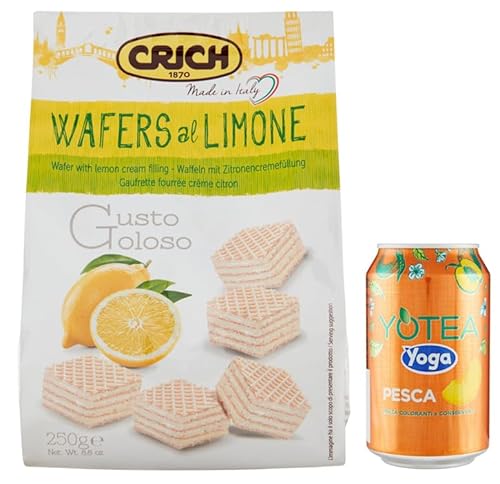 10er-Pack Crich Wafers con Crema al Limone,Waffel mit Zitronencreme,Süße Snack Kekse 250g Beutel + 1er-Pack Kostenlos Yoga Eistee Pfirsich 330ml Dose von Rummo