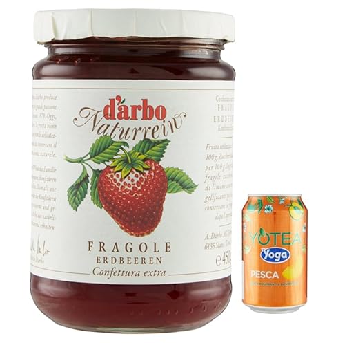 Rummo 12er-Pack Darbo Marmelade Confettura Naturrein Fragole,Erdbeerkonfitüre,450g Glas + 1er-Pack Kostenlos Yoga Eistee Pfirsich 330ml Dose von Rummo