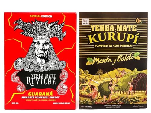 Yerba Mate-Tee Set fur Zwei●Ruvicha Guarana Mate-Tee 500g●mit Guarana-Pulver und Extract●Kurupi Menta-Boldo Mate-Tee 500g●mit Minze und Boldo ●Insgesamt 1kg Paraguayische Elaborada●lose Blätter von Ruvicha