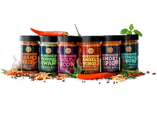 Klassische Auswahl an hochwertigen Grillgewürzen – Heilige Kuh, Adam's Rib, Engelsflügel, Smoky Pig, Ultimate Rub & Veggie War BBQ Rubs | 6 Stück | 100% natürlich | Tolles Geschenk für Feinschmecker von SALDVA