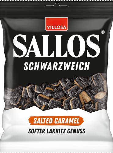 SALLOS Schwarzweich Salted Caramel – Softes mildes Lakritz kombiniert mit süßem Karamell Schaumzucker und Salmiaksalz – Veganer Lakritzgenuss (1 x 200g) von SALLOS