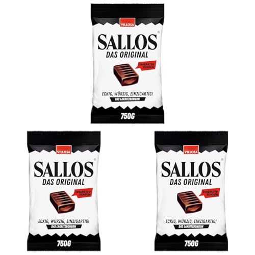 SALLOS das Original im großen Vorteilspack – Lakritz-Bonbon mit Kräutern, aus natürlichem Süßholzsaft, würziges Lakritz, vegan, im Vorrats-Pack, 750 g (Packung mit 3) von SALLOS