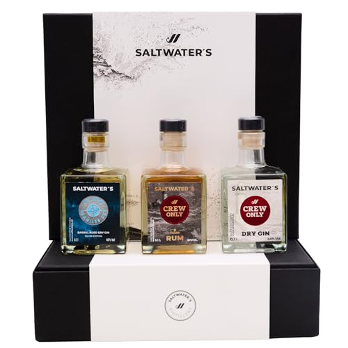 SALTWATER’s Spirituosen 3er Set Miniaturenbox – Premium Alkohol Probierpaket mit 1x Rum und 2x Sorten Gin – Ideal als hochwertiges Geschenk | 3x 100ml Schnaps-Flaschen | 40% bis 44% vol. von SALTWATER's