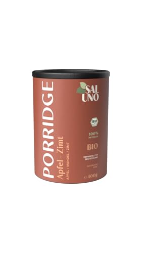 BIO PORRIDGE Apfel-Zimt, mit Vollkorn-Haferflocken, süßen Äpfeln, knackigen Mandelstückchen, Zimt und feinen Gewürzen I ohne Zuckerzusatz und ohne Zusatzstoffe I auch als Overnight Oats oder Müsli von SALUNO