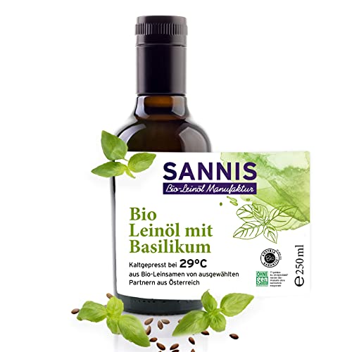 Sannis Bio-Leinöl mit Basilikum 250 ml I Leinsamenöl aus kontrolliert biologischem Anbau I kaltgepresst & ungefiltert I reich an Omega-3-Fettsäuren I Leinöl ideal für Kartoffeln, Fisch & Fleisch von SANNIS Bio-Leinöl Manufaktur