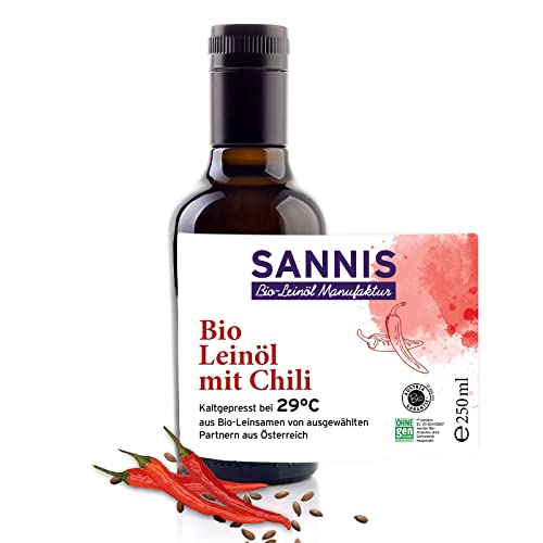 Sannis Bio-Leinöl mit Chili 250 ml I Leinsamenöl aus kontrolliert biologischem Anbau I kaltgepresst & ungefiltert I reich an Omega-3-Fettsäuren I Leinöl ideal für Salat, Reis- und Nudelgerichte von SANNIS Bio-Leinöl Manufaktur