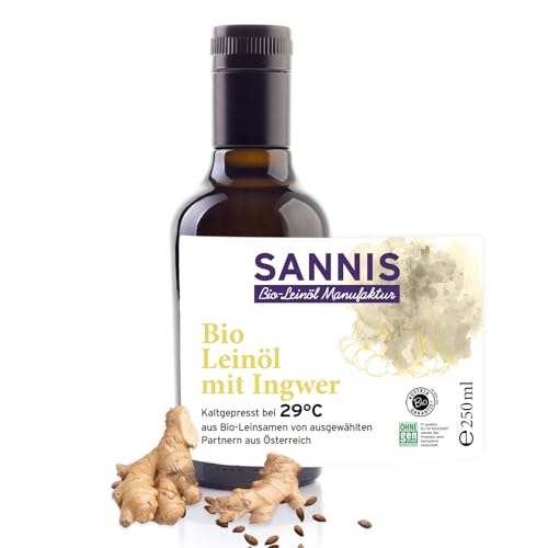 SANNIS Bio-Leinöl mit Ingwer 250 ml I Leinsamenöl aus kontrolliert biologischem Anbau I kaltgepresst & ungefiltert I reich an Omega-3-Fettsäuren I Leinöl ideal für Salat, Reis & Nudeln von SANNIS Bio-Leinöl Manufaktur