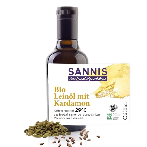 Sannis Bio-Leinöl mit Kardamom 250 ml I Leinsamenöl aus kontrolliert biologischem Anbau I kaltgepresst & ungefiltert I reich an Omega-3-Fettsäuren I Leinöl ideal für Salat, Nudeln & Müsli von SANNIS Bio-Leinöl Manufaktur