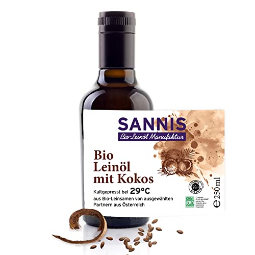 Sannis Bio-Leinöl mit Kokos 250 ml I Leinsamenöl aus kontrolliert biologischem Anbau I kaltgepresst & ungefiltert I reich an Omega-3-Fettsäuren I exotisch feiner Geschmack ideal für Müsli & Joghurt von SANNIS Bio-Leinöl Manufaktur