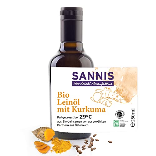 Sannis Bio-Leinöl mit Kurkuma 250ml I Leinsamenöl aus kontrolliert biologischem Anbau I kaltgepresst & ungefiltert I reich an Omega-3-Fettsäuren I Für Smoothies, Müsli & Reis von SANNIS Bio-Leinöl Manufaktur