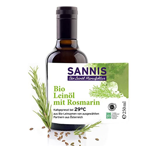 Sannis Bio-Leinöl mit Rosmarin 250 ml I Leinsamenöl aus kontrolliert biologischem Anbau I kaltgepresst & ungefiltert I reich an Omega-3-Fettsäuren I mediterranes Leinöl ideal für Fisch & Fleisch von SANNIS Bio-Leinöl Manufaktur