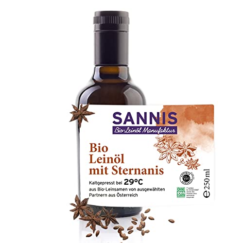 Sannis Bio-Leinöl mit Sternanis 250 ml I Leinsamenöl aus kontrolliert biologischem Anbau I kaltgepresst & ungefiltert I reich an Omega-3-Fettsäuren I Leinöl ideal für Desserts & Süßspeisen von SANNIS Bio-Leinöl Manufaktur