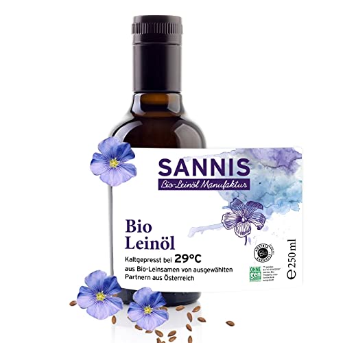 Sannis Bio-Leinöl extra nativ 250 ml I Leinsamenöl aus kontrolliert biologischem Anbau I kaltgepresst & ungefiltert I reich an Omega-3-Fettsäuren I nussig milder Geschmack ideal für Salat & Joghurt von SANNIS Bio-Leinöl Manufaktur