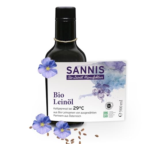 Sannis Bio-Leinöl extra nativ 500 ml I Leinsamenöl aus kontrolliert biologischem Anbau I kaltgepresst & ungefiltert I reich an Omega-3-Fettsäuren I nussig milder Geschmack ideal für Salat & Joghurt von SANNIS Bio-Leinöl Manufaktur