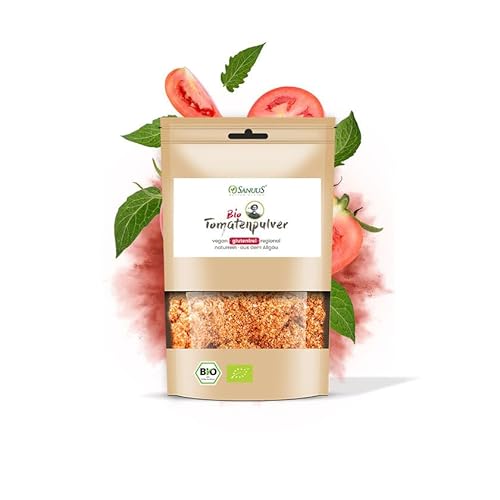 SANUUS Bio Tomatenpulver 500g Natürliche Lebensmittelfarbe vegan - Tomaten gemahlen Gewürz für Nudeln, Soßen, Pizza, Pasta, Suppe, Brot oder zum Backen aus sonnengereiften frischen Bio Tomaten von SANUUS Better Living