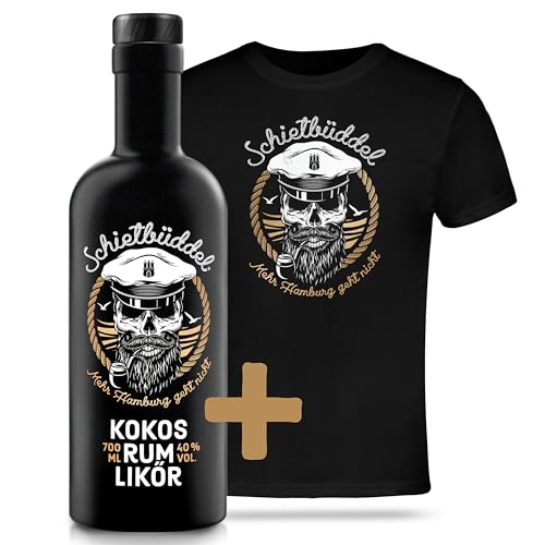 Schietbüddel 0,7L Kokos-Rum-Likör 40% Vol. mit schwarz bedrucktem T-Shirt - Kokoslikör Rum mit süßer Schokoladen- und Vanillenote - Kokosnussrum, Kokosnusslikör von SCHIETBÜDDEL