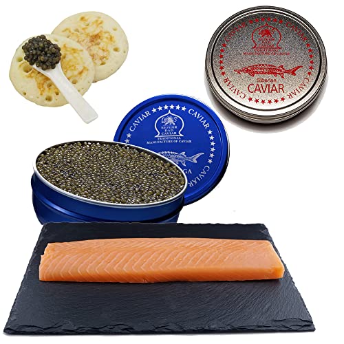 Sepehr Dad Gourmet Set Premium | 30g Siberian Kaviar & 30g Amur Beluga Fischrogen | 300g Balmoral Räucherlachs Premium Schottland | 1x Perlmutlöffel | 1 Packung Blinis von SEPEHR DAD CAVIAR