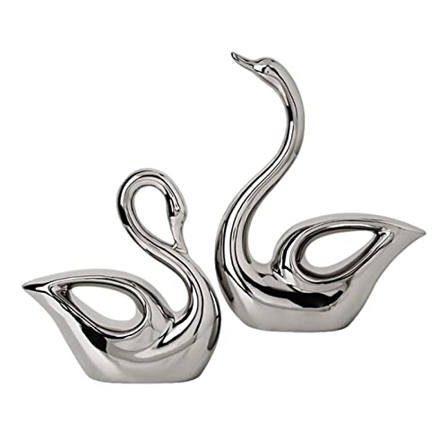 2 Stück Keramik-Paar-Schwäne-Figuren, kreative Desktop-Kunst, Ornamente, Hof, Garten, Schlafzimmer, Heimdekoration(Silver) von SHOUKAII