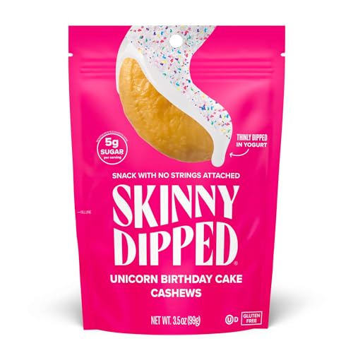 SkinnyDipped Unicorn Birthday Cake Cashews, Gesunder Snack, Pflanzenprotein, glutenfrei, 100 ml, wiederverschließbare Beutel, 5 Stück von SKINNYDIPPED