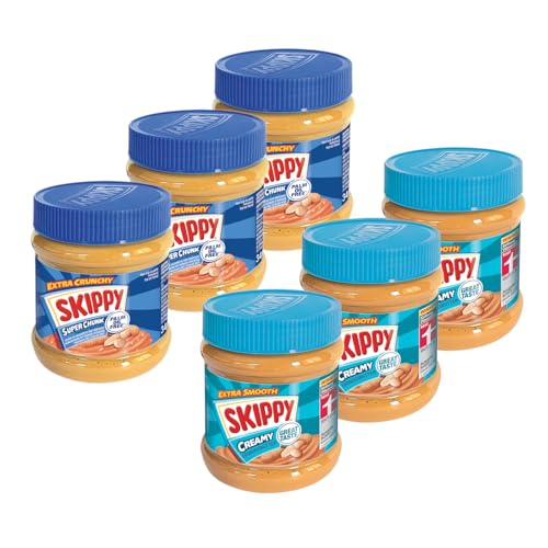 SKIPPY 6x 340g Erdnussbutter | 3x Creamy + 3x Crunchy | Peanutbutter Ohne Palmöl | Extra Smooth und Crunchy | Leckere Erdnussbutter mit vollem und cremigen Geschmack von SKIPPY