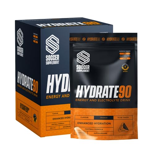 Hydrate90® – von Soccer Supplement – ​​Energie- und Elektrolyt-Getränkepulver, liefert 380 mg Elektrolyte und 29 g Kohlenhydrate pro Portion, von Informed Sport getestet, 12 Beutel – Orange von SOCCER SUPPLEMENT