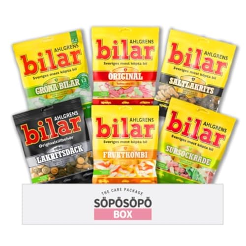 Ahlgrens Bilar Mix Set 6 Geschmackspackungen - Schwedisches Bonbon Original - Grün - Gesalzene Lakritze - Saurer Zucker - Früchte - Lakritzreifen in einer SOPOSOPO Box (Insgesamt 6 Stück) SÖPÖSÖ von SÖPÖSÖPÖ