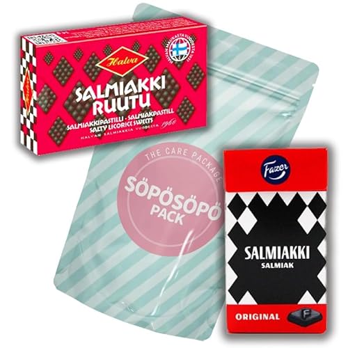 Fazer Finnische Salmiakki 40g und Halva Salmiakki Ruutu 34g Set SÖPÖSÖPÖ Packung Vielfalt 2 Packung Care-Paket Leckereien Geschenkkorb Boxen Pack für Erwachsene, Kinder, Jungs, Mädchen, Freund, Süßigk von SÖPÖSÖPÖ