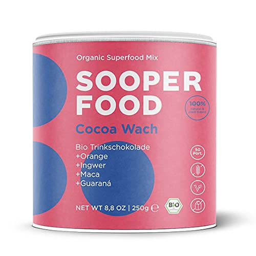 SOOPER FOOD® Cocoa Wach - Orange-Ingwer 250g Pulver - Bio-Vegane-Schokogenuss mit Kakao, Kurkuma & natürlichem Koffein macht es dir morgens leicht - schnelle Energiezufuhr - u.a. mit Ingwer, etc. von SOOPER FOOD