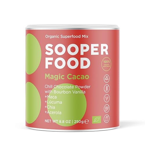 SOOPER FOOD® Magic Cacao Bourbon Vanille 250g Pulver - Hochkonzentrierter Bio-Veganer-Schokogenuss mit Bourbon Vanille & Vitamin C - ohne Zuckerzusatz - macht gute Laune - u.a. mit Kakao, Maca, etc. von SOOPER FOOD