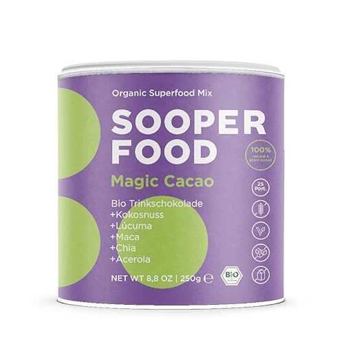 SOOPER FOOD® Magic Cacao Kokosnuss 250g Pulver - Hochkonzentrierter Bio-Veganer-Schokogenuss mit Kokosnuss & Vitamin C - ohne Zuckerzusatz - macht gute Laune - u.a. mit Acerola, Kakao, Chia, etc. von SOOPER FOOD