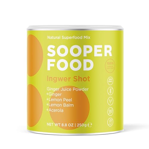 SOOPERFOOD Ingwer Shot | Ingwersaftpulver, pur & kraftvoll | Mit natürlichem Vitamin C aus Acerola & Zitrone | Vegan, glutenfrei, ohne Zuckerzusatz | 100 Portionen | 250g von SOOPER FOOD