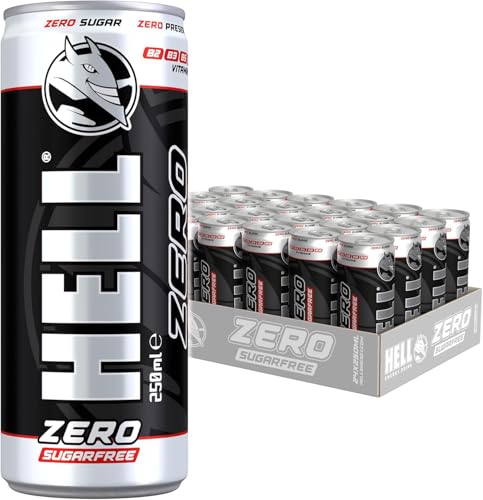 HELL Energy Drink Zero | zuckerfrei | 24 x 250 ml Dosen Multipack | 32 mg/100 ml Koffein | enthält Vitamine B2 B3 B5 B6 B12 | Konservierungsstofffrei | vegan | reduziert Müdigkeit und steigert die von SORINA