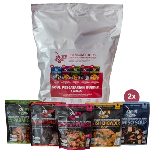 Soul Pescatarian Bundle - Feinkost Gerichte - 6 Mahlzeiten - gefriergetrocknet - authentischer Geschmack - schnelle Zubereitung - Camping Nahrung - Outdoor Nahrung - Notfall Nahrung - lange haltbar von SOUL BOWL Stir & Go