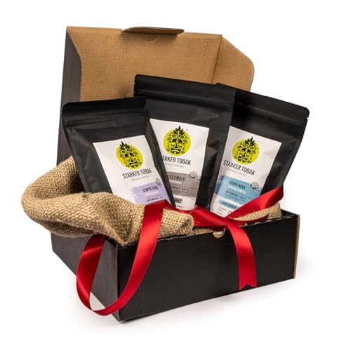 Espresso Geschenkpaket „soulful INTENSE“, Geschenk-Set: 3 x 250 g Kaffee Espresso kräftig, handgeröstet, ganze Bohne, schwarzer Geschenk-Karton, ein Teilstück vom originalen Kaffee-Sack von STARKER TOBAK DER KULT KAFFEE