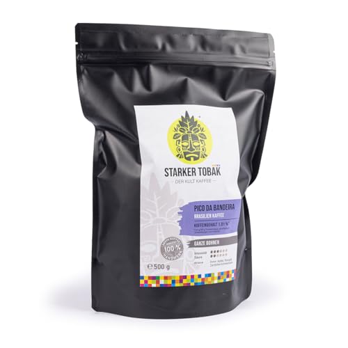 PICO DA BANDEIRA Brasilien Kaffee 500 g, ganze Bohne, 100% Arabica, Brasilien, handgeröstet, Koffeingehalt: 1,01%, säurearm, Intensität 3/6 von STARKER TOBAK DER KULT KAFFEE