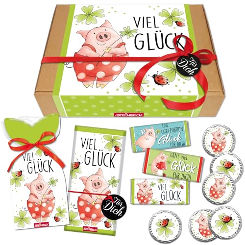 STEINBECK Geschenkbox Viel Glück - Glücksschwein - Geschenk Geschenkset Schokolade Fruchtgummi Glücksbringer Glücksschwein Glücksklee Glückskäfer von STEINBECK