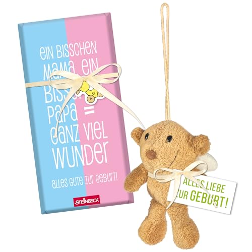 STEINBECK Geschenkset Geburt - Mama Papa Wunder - Schokolade 100g - Plüsch-Schutzengel - Baby Junge Mädchen Geschenk Babyshower von STEINBECK