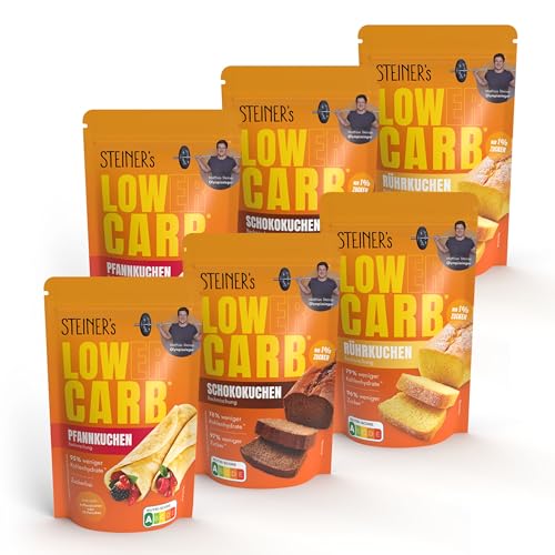 STEINER's Low Carb Back Box groß | Backmischungen für Pancakes, Schokoladenkuchen & Rührkuchen | Glutenfrei, Ballaststoffreich & Kalorienreduziert | 2x Pfannkuchen, 2x Schokokuchen, 2x Rührkuchen von STEINER´s