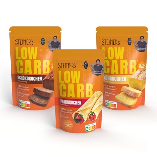 STEINER's Low Carb Back Box klein | Backmischungen für Pancakes, Schokoladenkuchen & Rührkuchen | Glutenfrei, Ballaststoffreich & Kalorienreduziert | 1x Pfannkuchen, 1x Schokokuchen, 1x Rührkuchen von STEINER´s