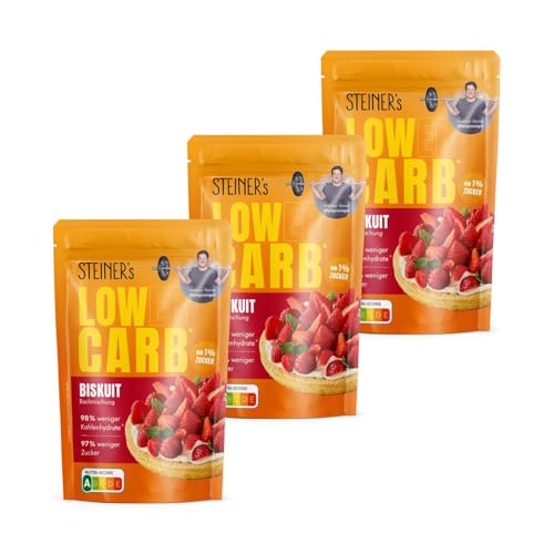 STEINER's Low Carb Biskuit Backmischung | Glutenfrei | Nur 1,3g Zucker & 1,6g Kohlenhydrate pro 100g | Ballaststoffreich | Biskuitboden kinderleicht zubereiten | 3x 150g Packung von STEINER´s