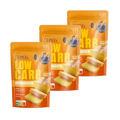 STEINER´s Low Carb Rührkuchen | Glutenfreie Lebensmittel Backmischung | 96% weniger Zucker | 11g Eiweiß | Raffiniert einsetzbar für Muffins, Apfelkuchen oder Marmorkuchen | 3x 210g Packung von STEINER´s