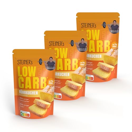 STEINER´s Low Carb Rührkuchen | Glutenfreie Lebensmittel Backmischung | 96% weniger Zucker | 11g Eiweiß | Raffiniert einsetzbar für Muffins, Apfelkuchen oder Marmorkuchen | 3x 210g Packung von STEINER´s