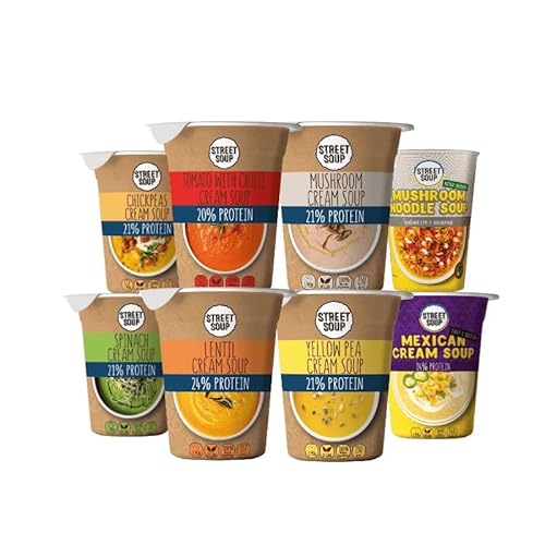 Protein Instant Suppe Street Soup Probierpaket | 8x50g, je 300 ml Suppe | Low carb & 20 % Protein | Vegan | Instant-Cremesuppen für Diät & Detox | Nur natürliche Zutaten | Fertiggerichte & Fertigessen von STREET SOUP
